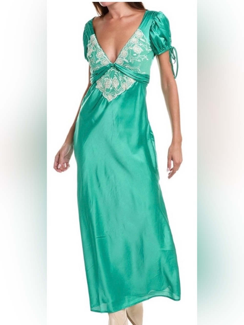 🌻sale🌻 NWT Free People Cooper Embroidered Satin Maxi Green Dress- 12